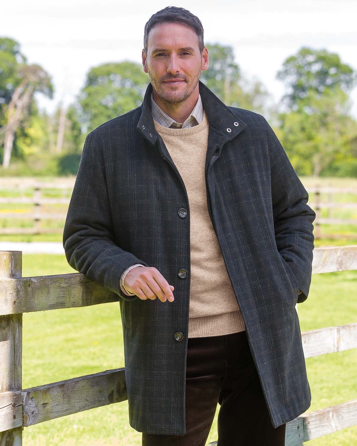Grasmoor Longline Classic Navy Checked Coat James Meade